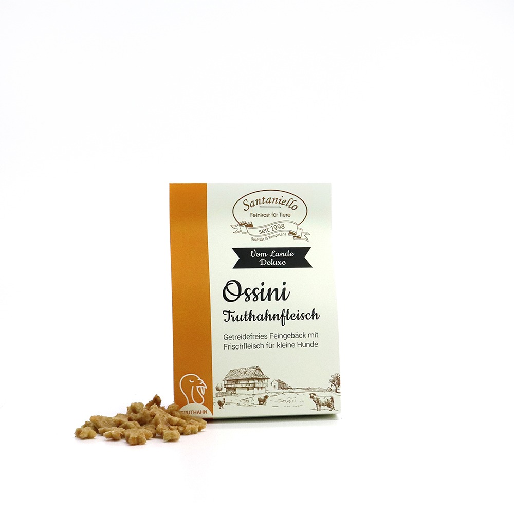 Deluxe Feingebäck Ossini Truthahnfleisch Verpackung und Produkt