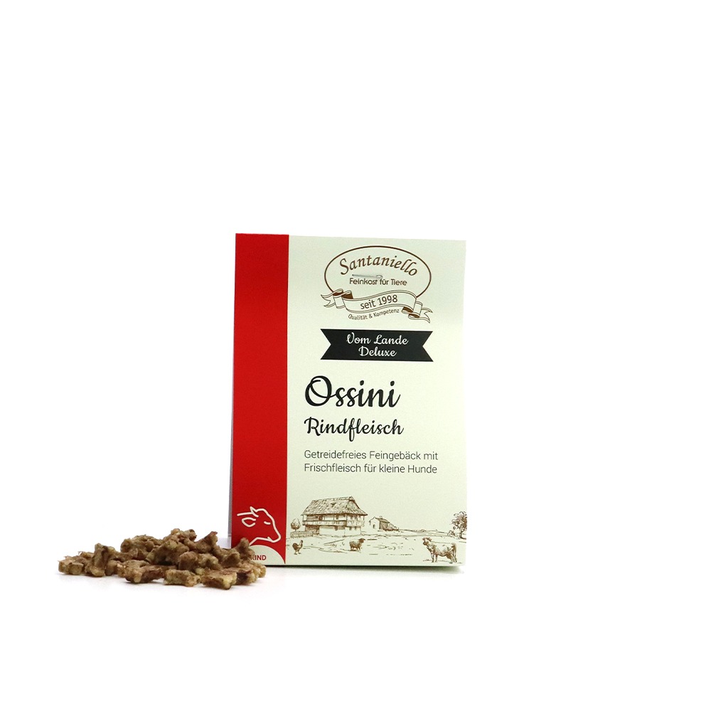Deluxe Feingebäck Ossini Rindfleisch Verpackung und Produkt