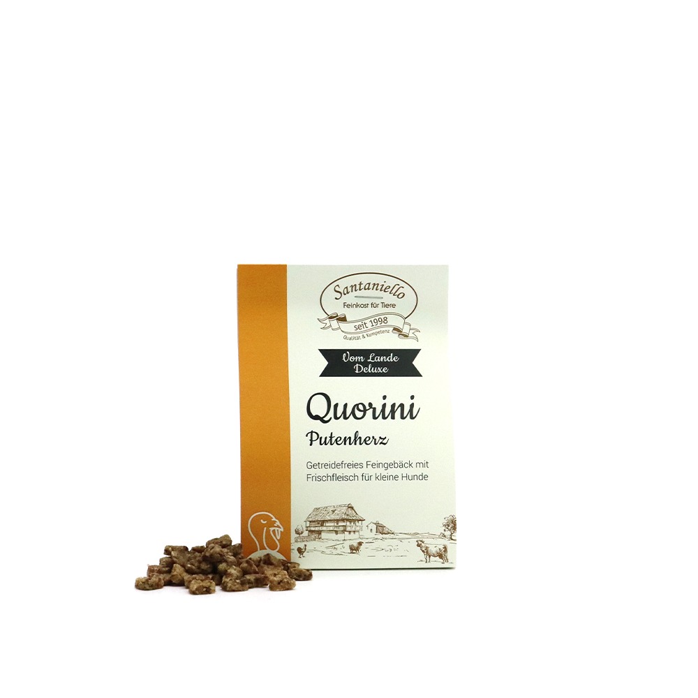 Deluxe Feingebäck Quorini Putenherz Verpackung und Produkt
