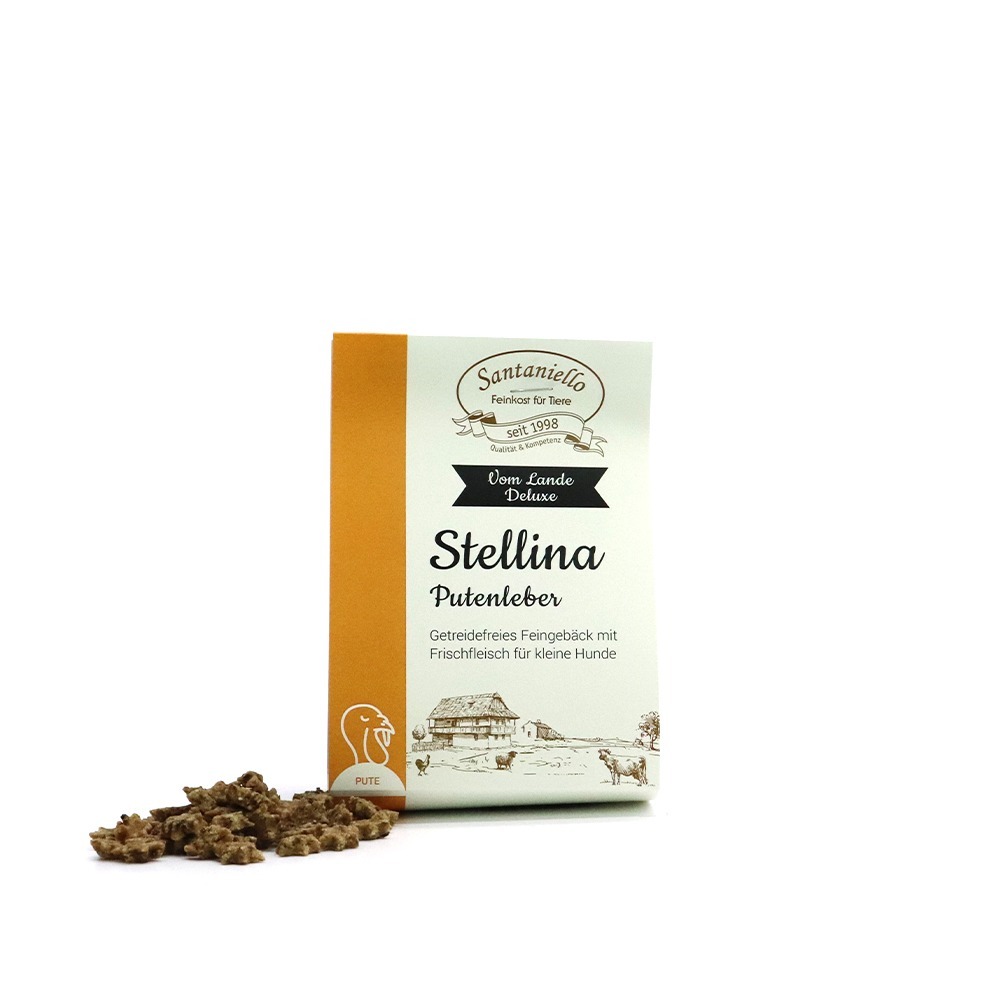 Deluxe Feingebäck Stellina Putenleber Verpackung und Produkt