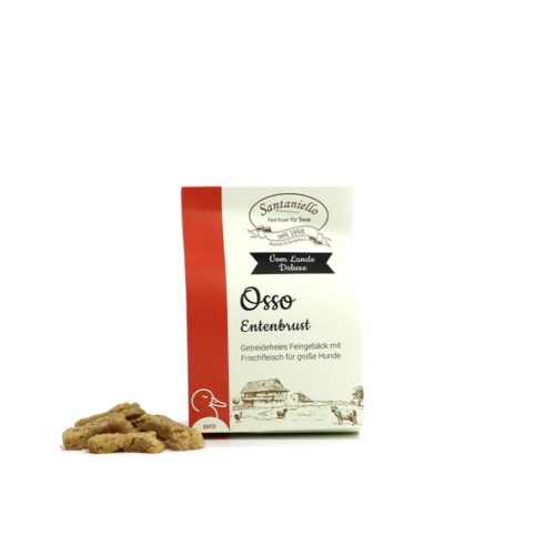 Deluxe Feingebäck Osso Entenbrust Verpackung und Produkt
