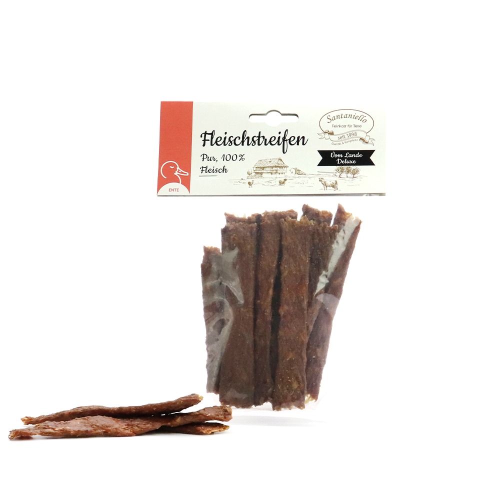 Deluxe Fleischstreifen Ente Verpackung und Produkt