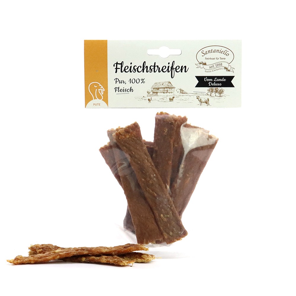 Deluxe Fleischstreifen Pute Verpackung und Produkt