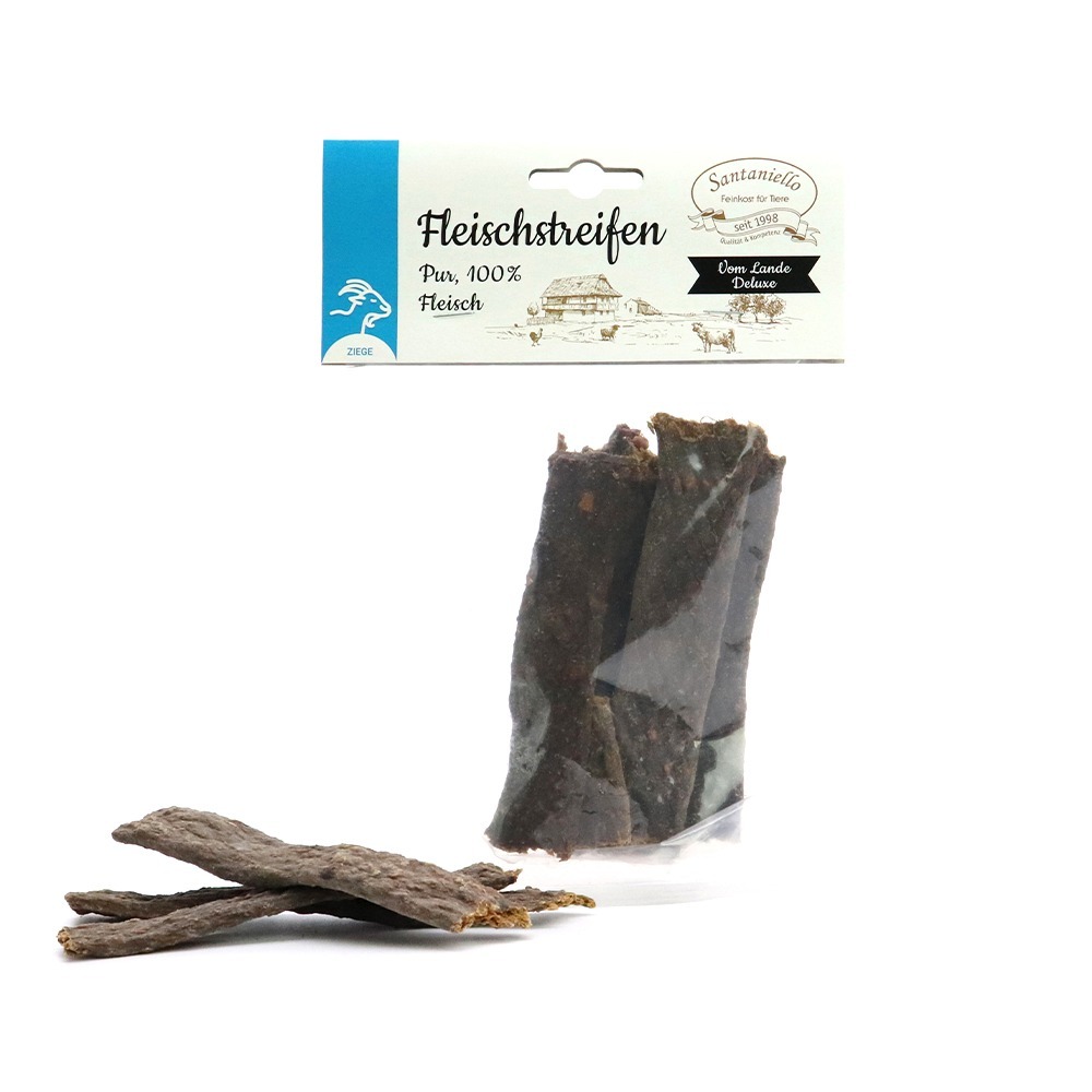 Deluxe Fleischstreifen Ziege Verpackung und Produkt